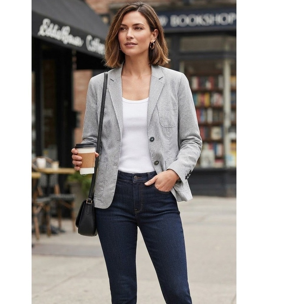 Eddie Bauer Womens Gray Pinstripe Cotton Blazer Jacket Size 14 3-Button Career
